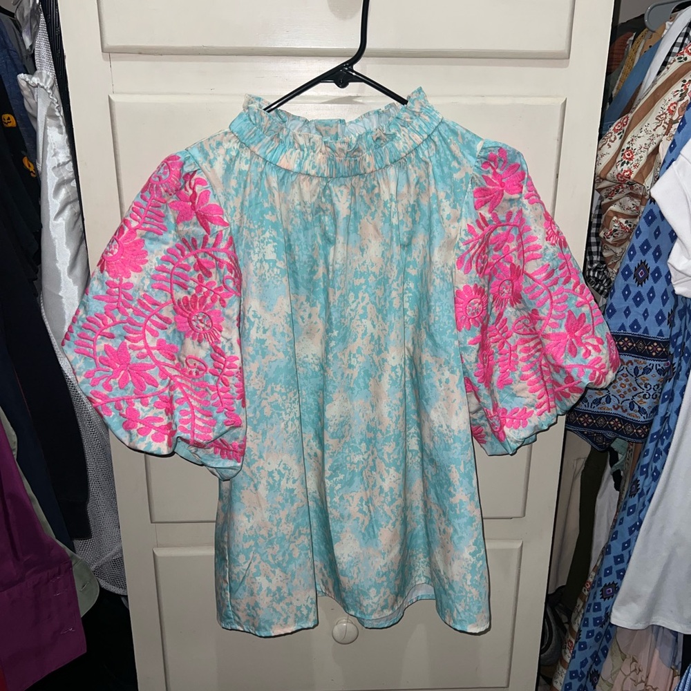THML Floral Embroidered Top Blue and Pink
